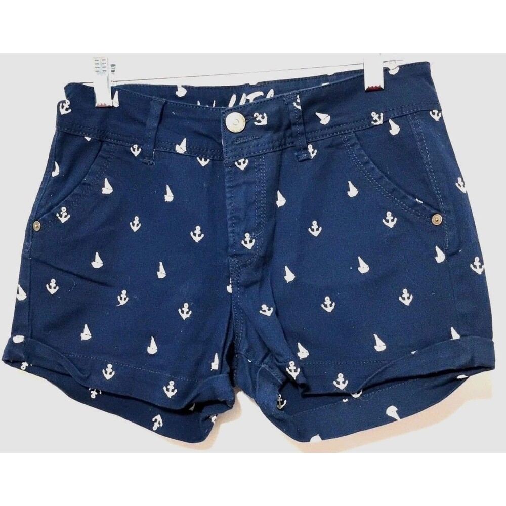 WallFlower Women Juniors Sz 5 Blue Nautical Anchor Print Embroidered Denim Short